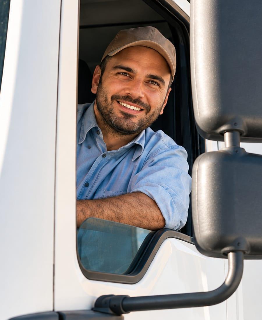 Smiling truck driver at the wheel of a white semi