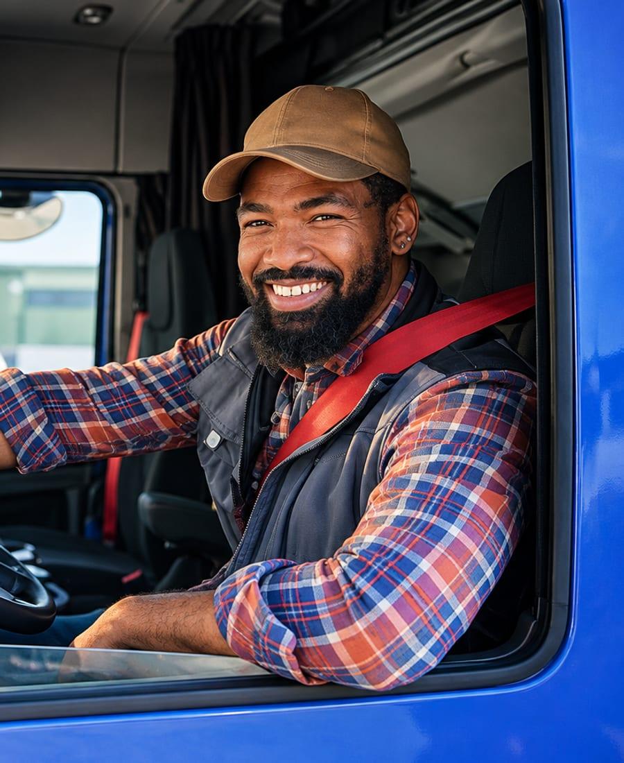 Smiling truck driver in a plaid shirt in the cab of a blue truck