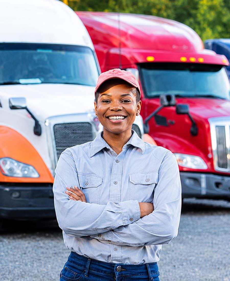 Smiling woman truck driver in front of a row of semi trucks